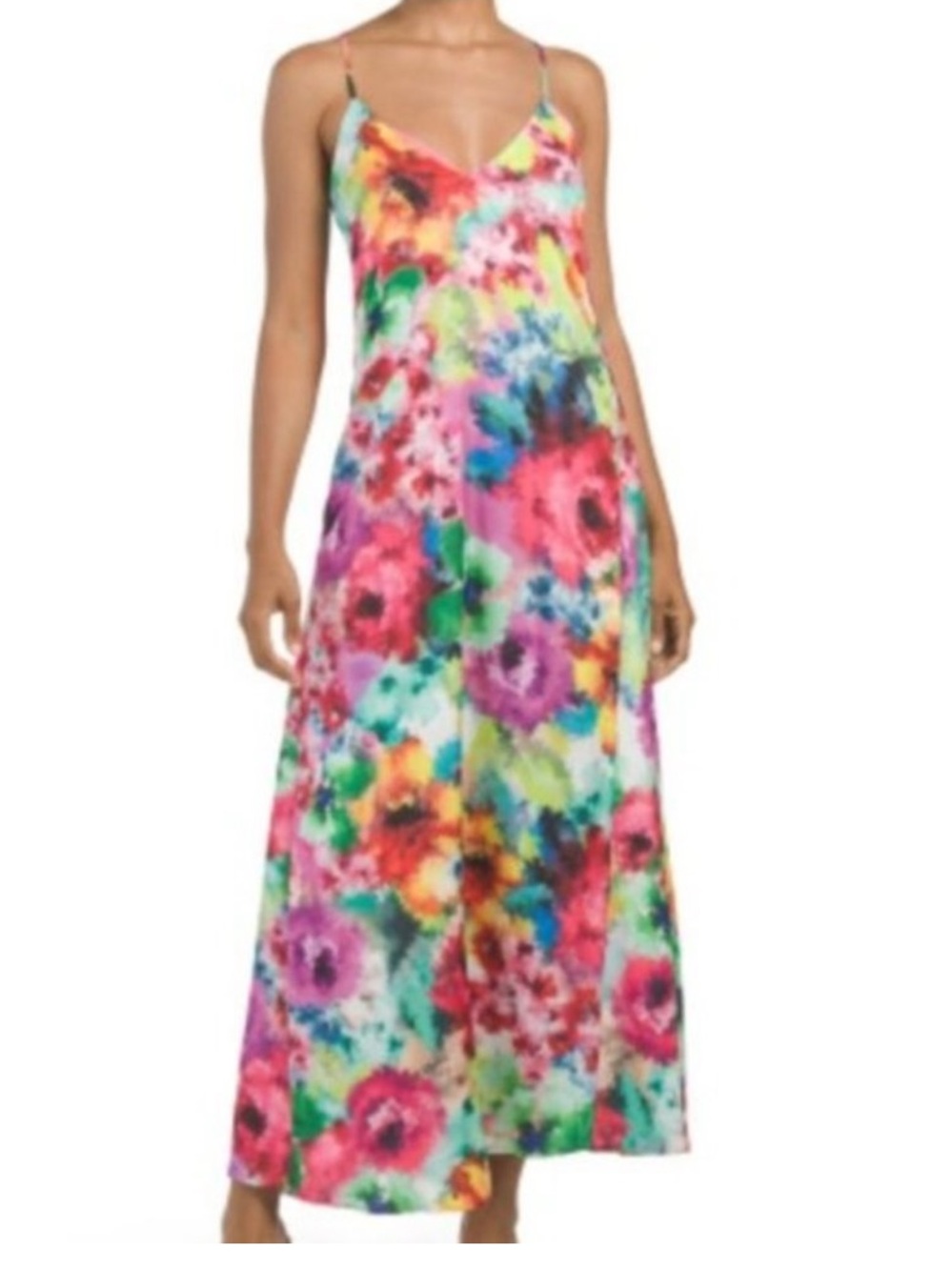 NICOLE MILLER Watercolor Floral Satin Multicolor Maxi Dress W/ Pockets Size XL